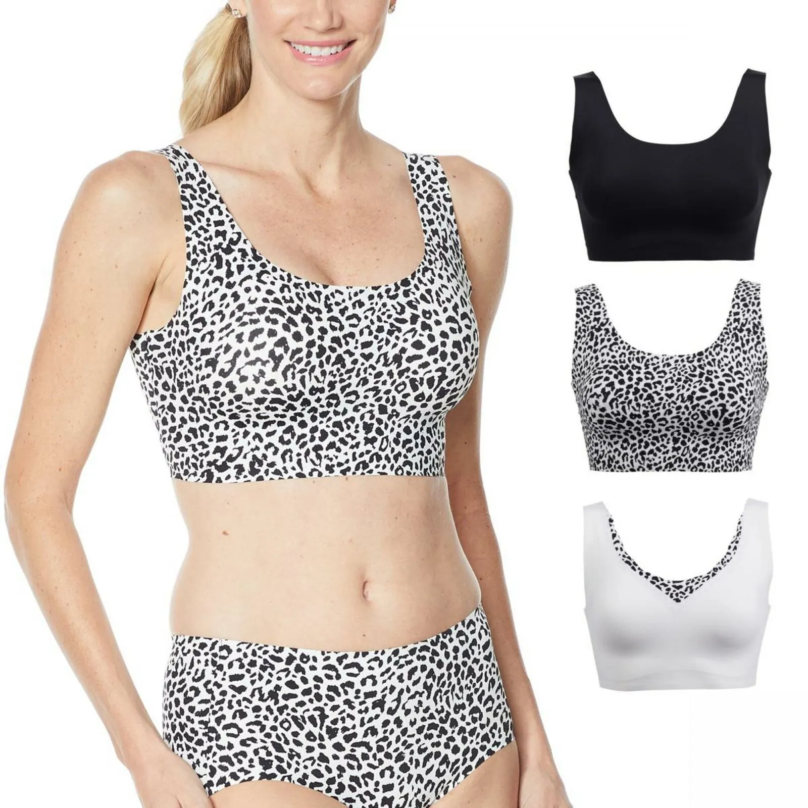 Rhonda Shear 3 Pack Body Bras With Removable Pads Black/ Leopard/ White Large