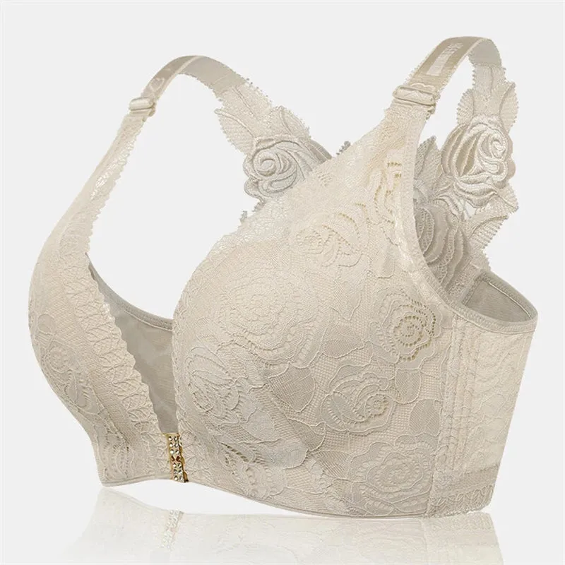 Rose Embroidery Back Front Closure Lace Bras - Gray