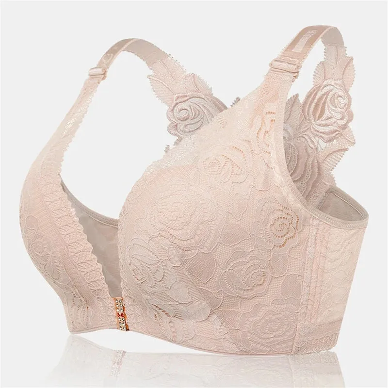 Rose Embroidery Back Front Closure Lace Bras - Gray