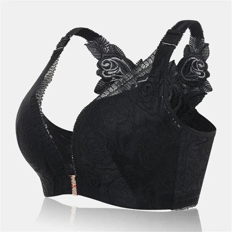 Rose Embroidery Back Front Closure Lace Bras - Gray