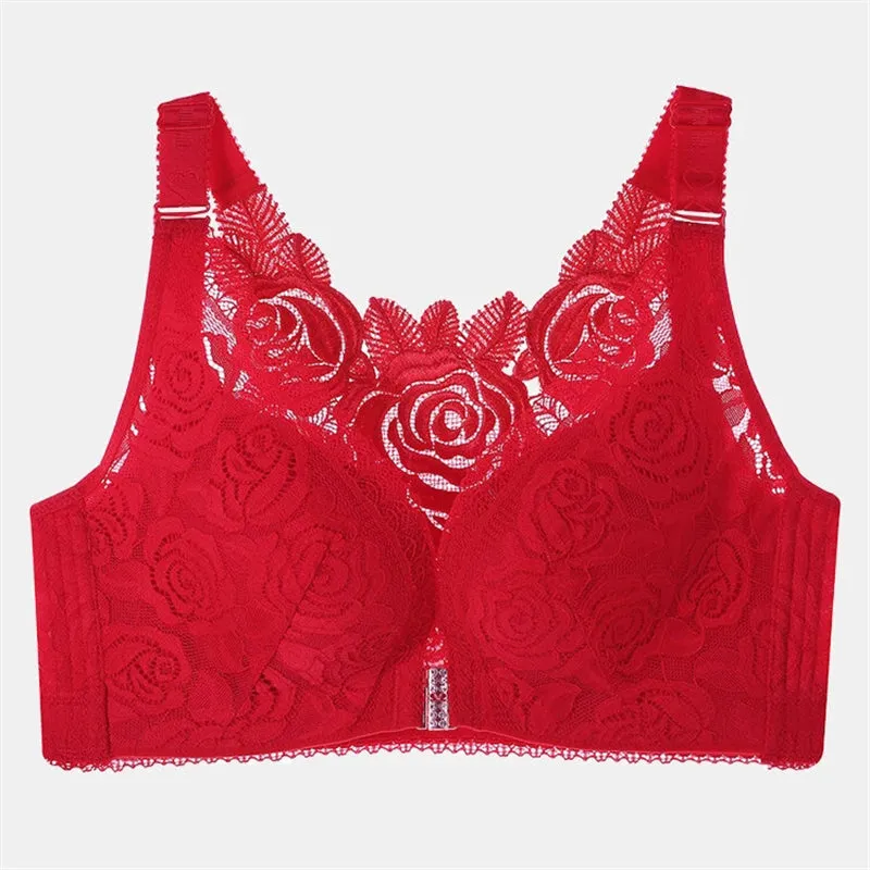 Rose Embroidery Back Front Closure Lace Bras - Gray
