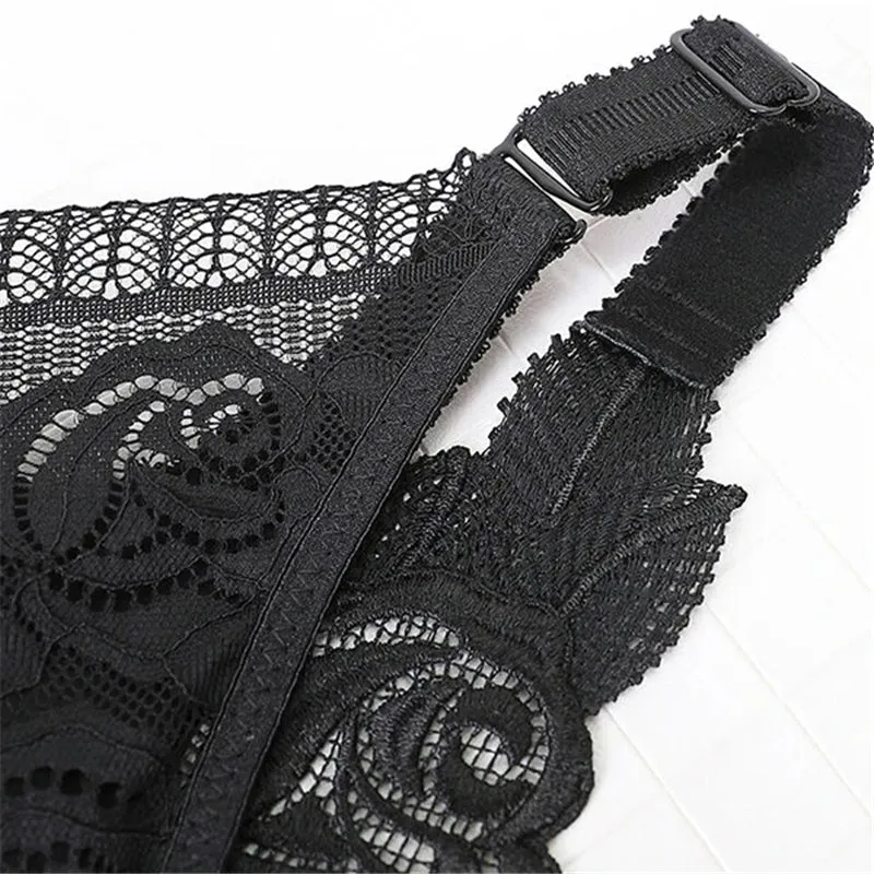 Rose Embroidery Back Front Closure Lace Bras - Gray