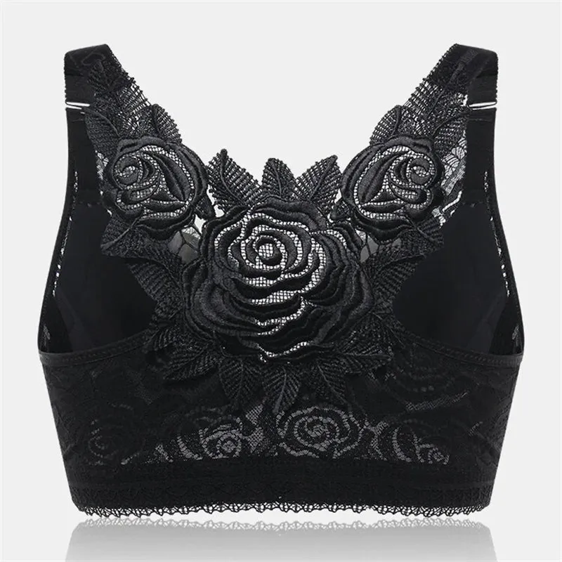 Rose Embroidery Back Front Closure Lace Bras - Gray