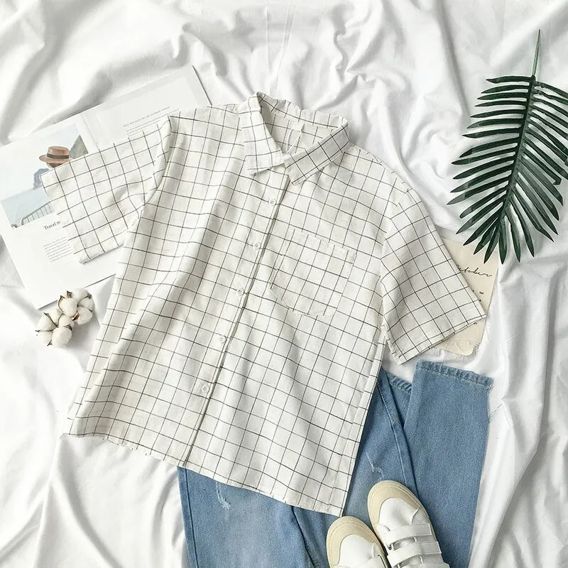 Short Sleeve Color Block Plaid Shirt