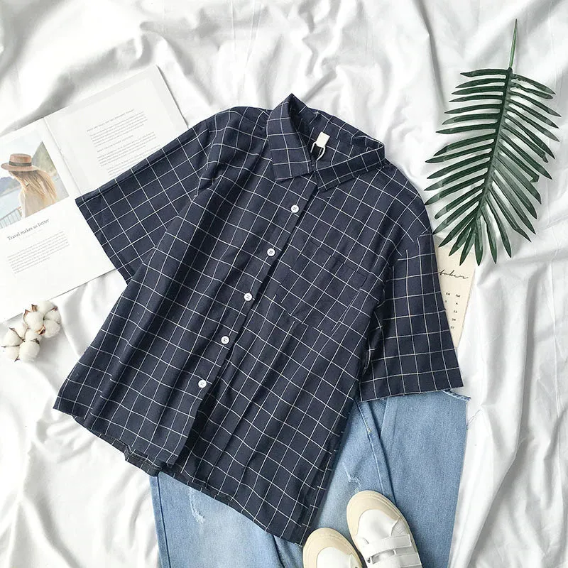 Short Sleeve Color Block Plaid Shirt