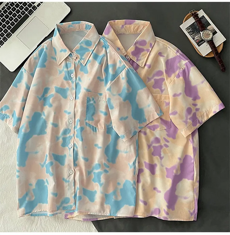 Short Sleeve Tie Dye Style Button Shirt