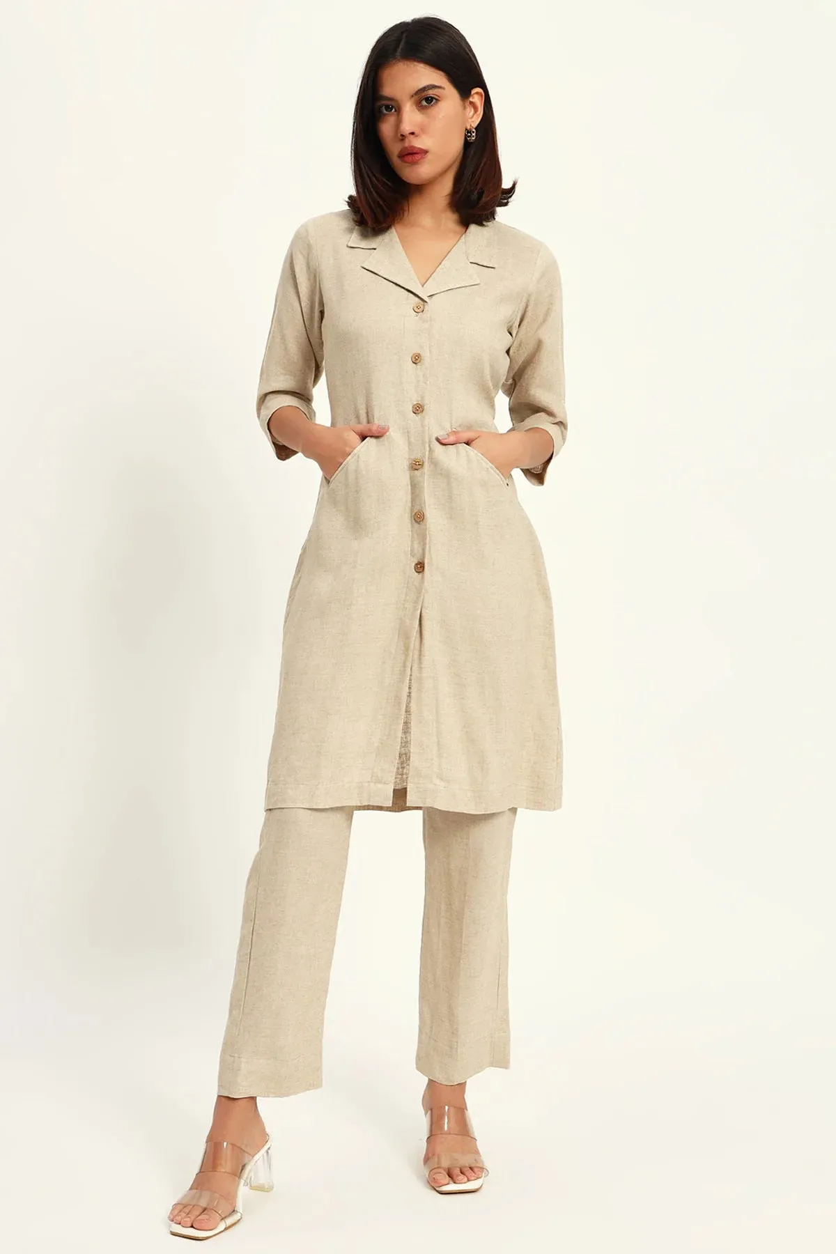 Signature Lapel Kurta Pant Set, Beige