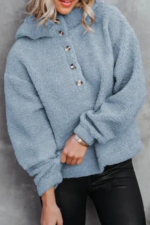 Sky Blue Half Button Hooded Loose Teddy Sweatshirt