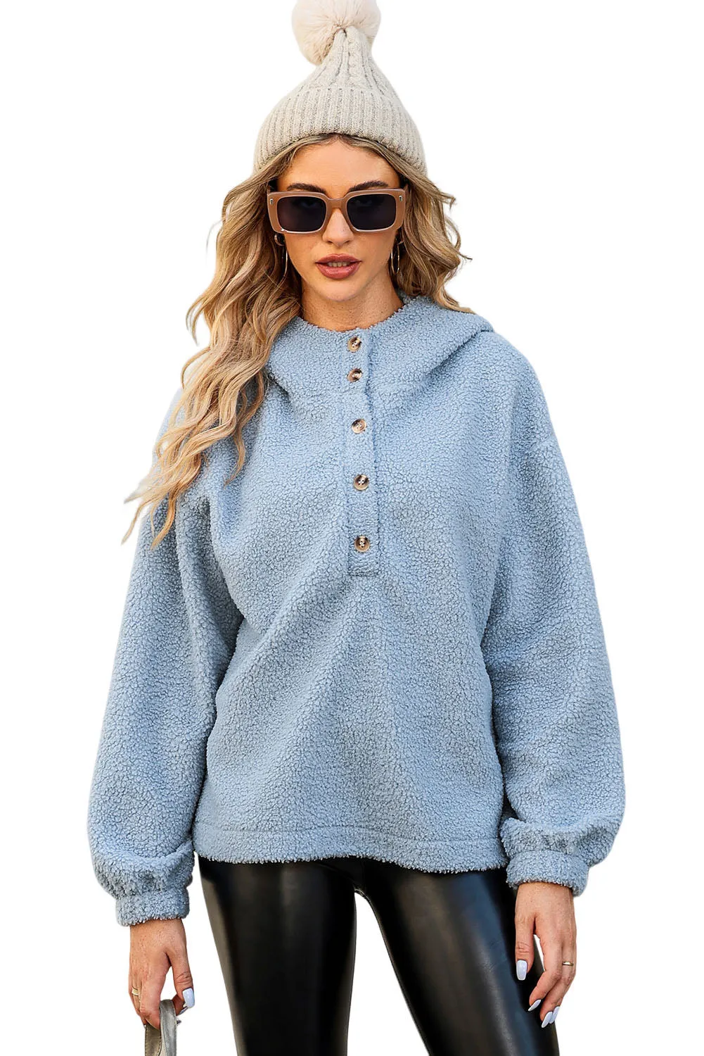 Sky Blue Half Button Hooded Loose Teddy Sweatshirt