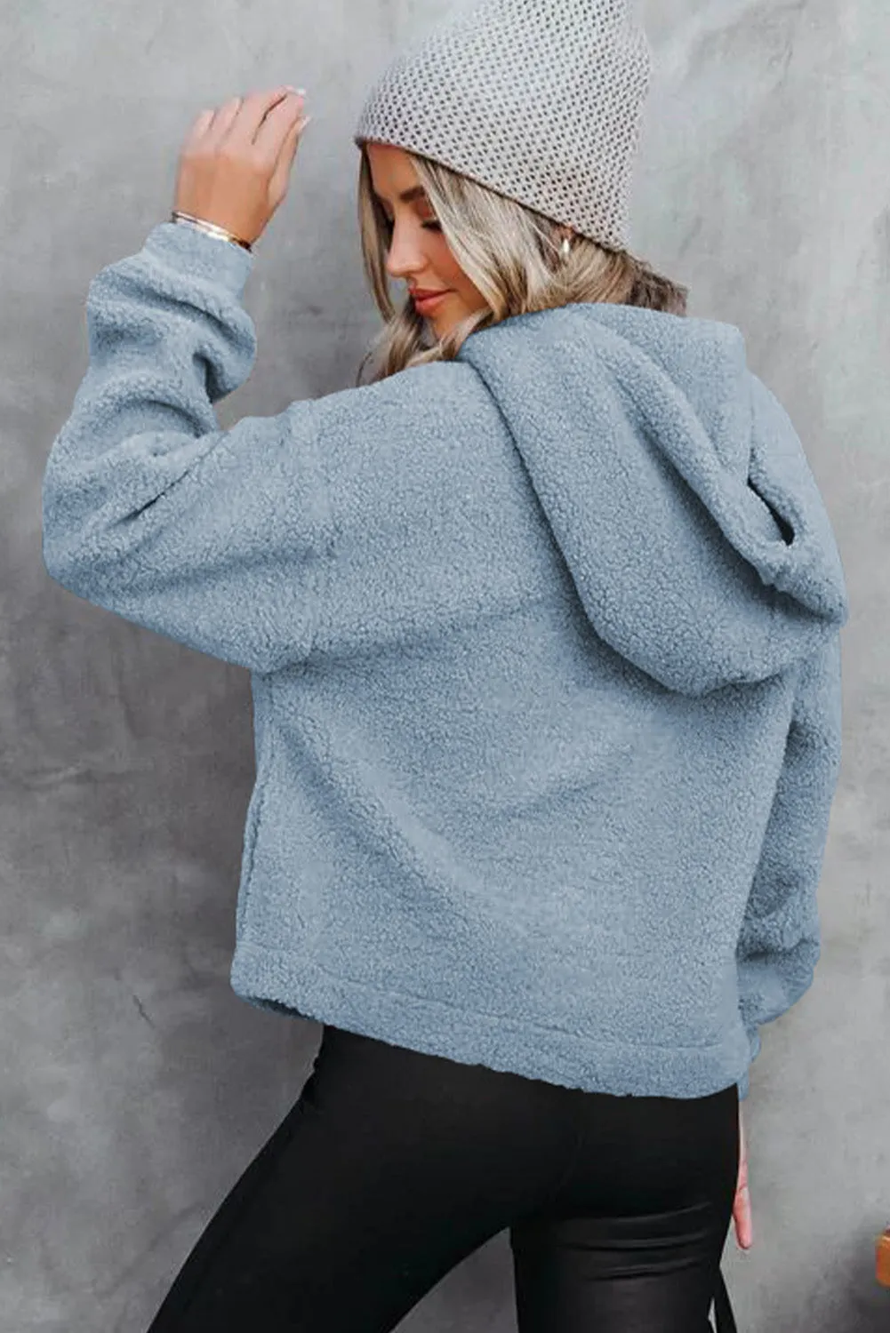 Sky Blue Half Button Hooded Loose Teddy Sweatshirt