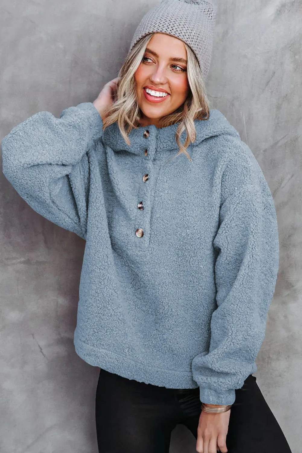 Sky Blue Half Button Hooded Loose Teddy Sweatshirt