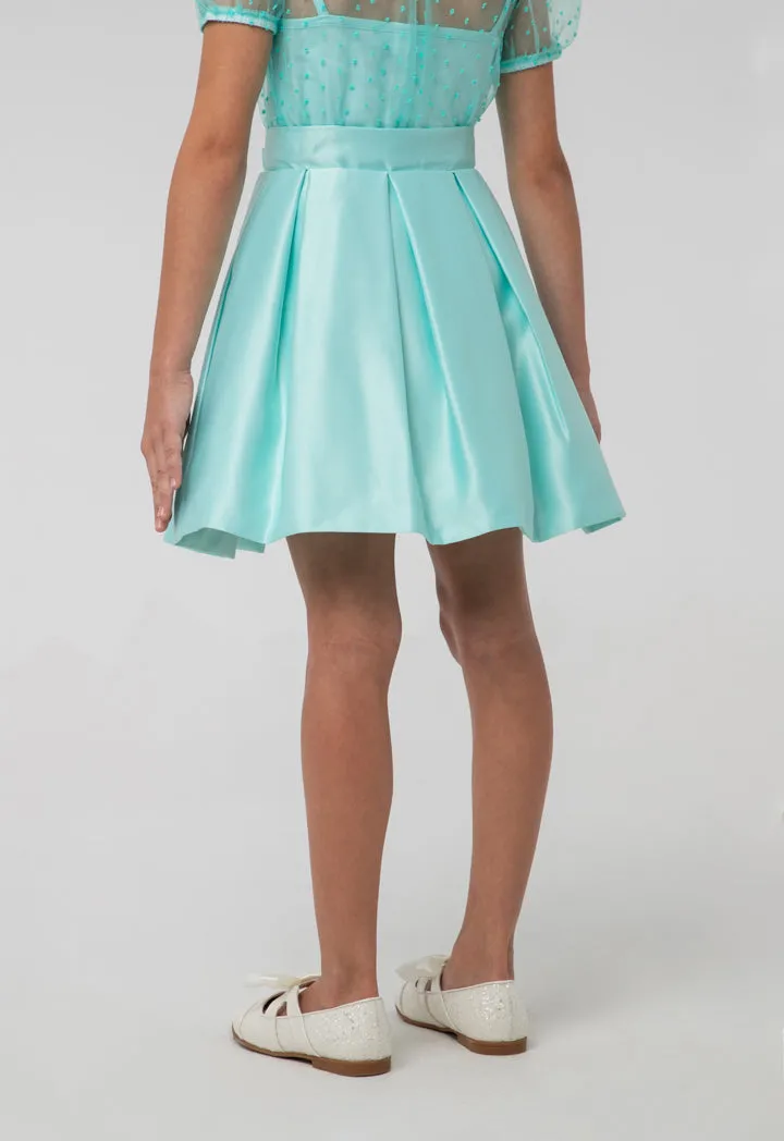 Solid Box Pleated Bow Flare Skirt