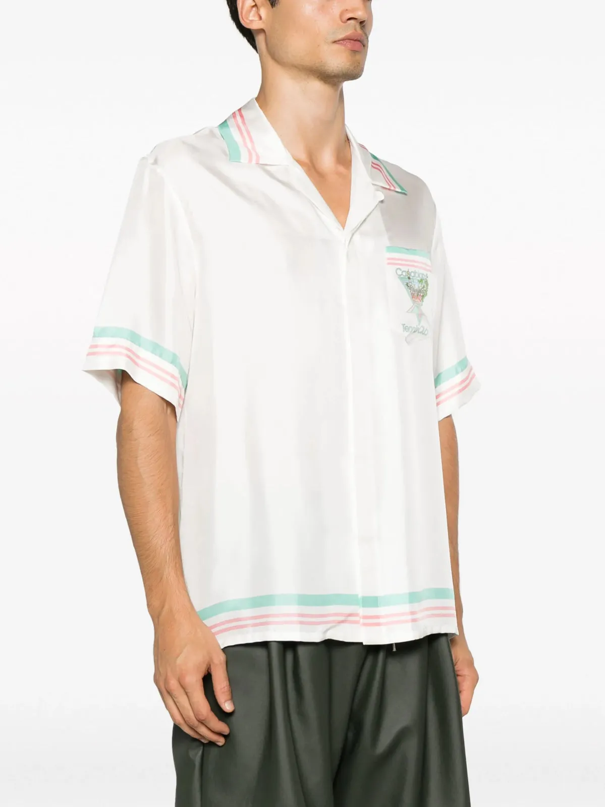 Striped-Edge Cuban-Collar Silk Shirt
