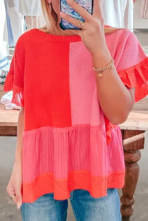 Tomato Red Mix Knitted Patchwork Ruffle Trim Loose Top