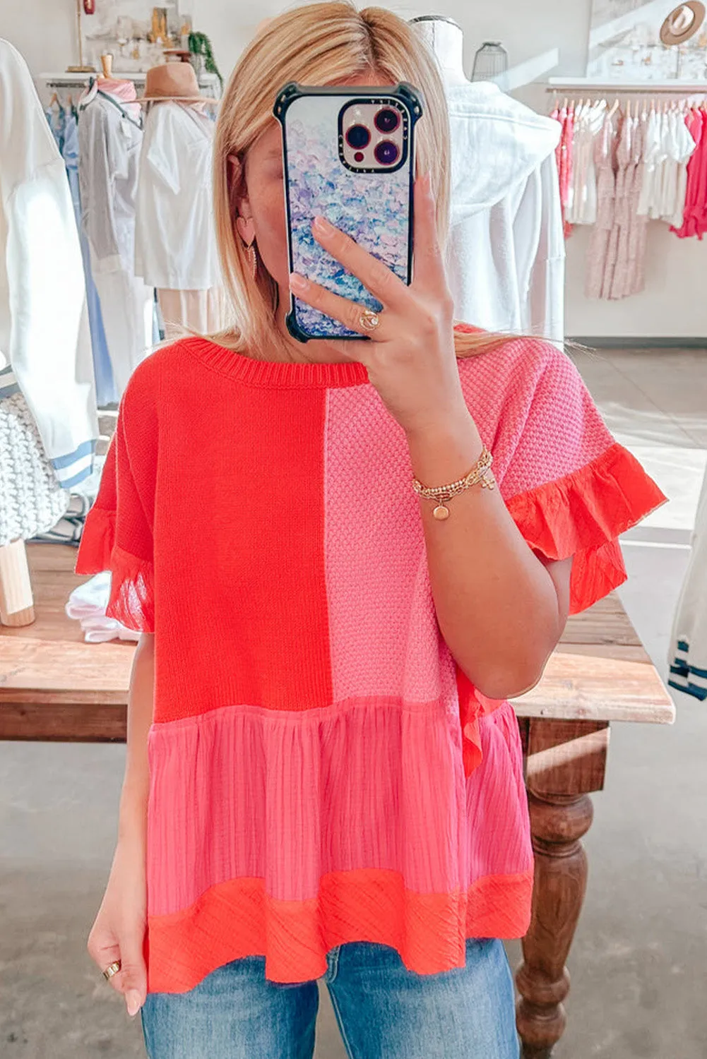 Tomato Red Mix Knitted Patchwork Ruffle Trim Loose Top