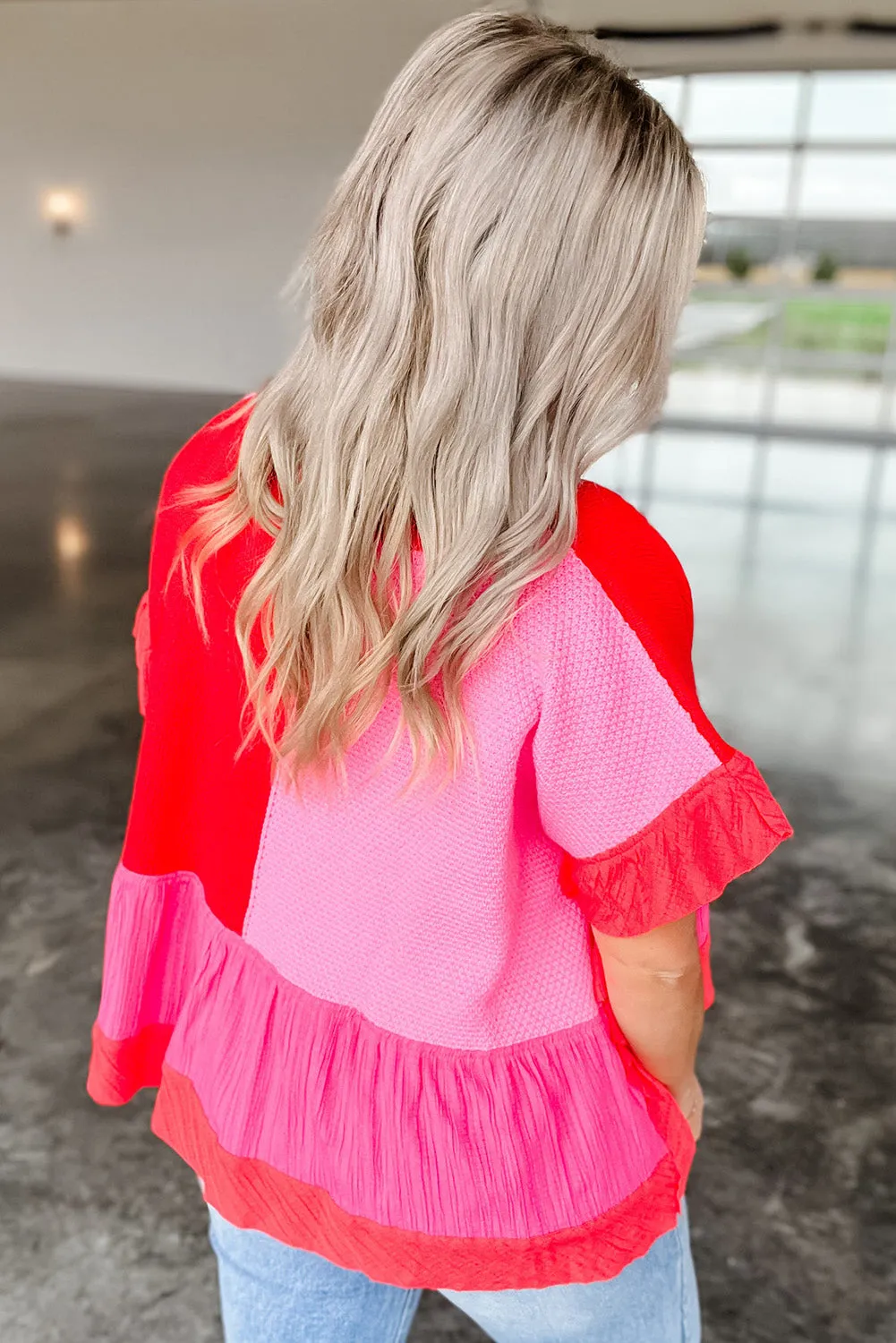Tomato Red Mix Knitted Patchwork Ruffle Trim Loose Top