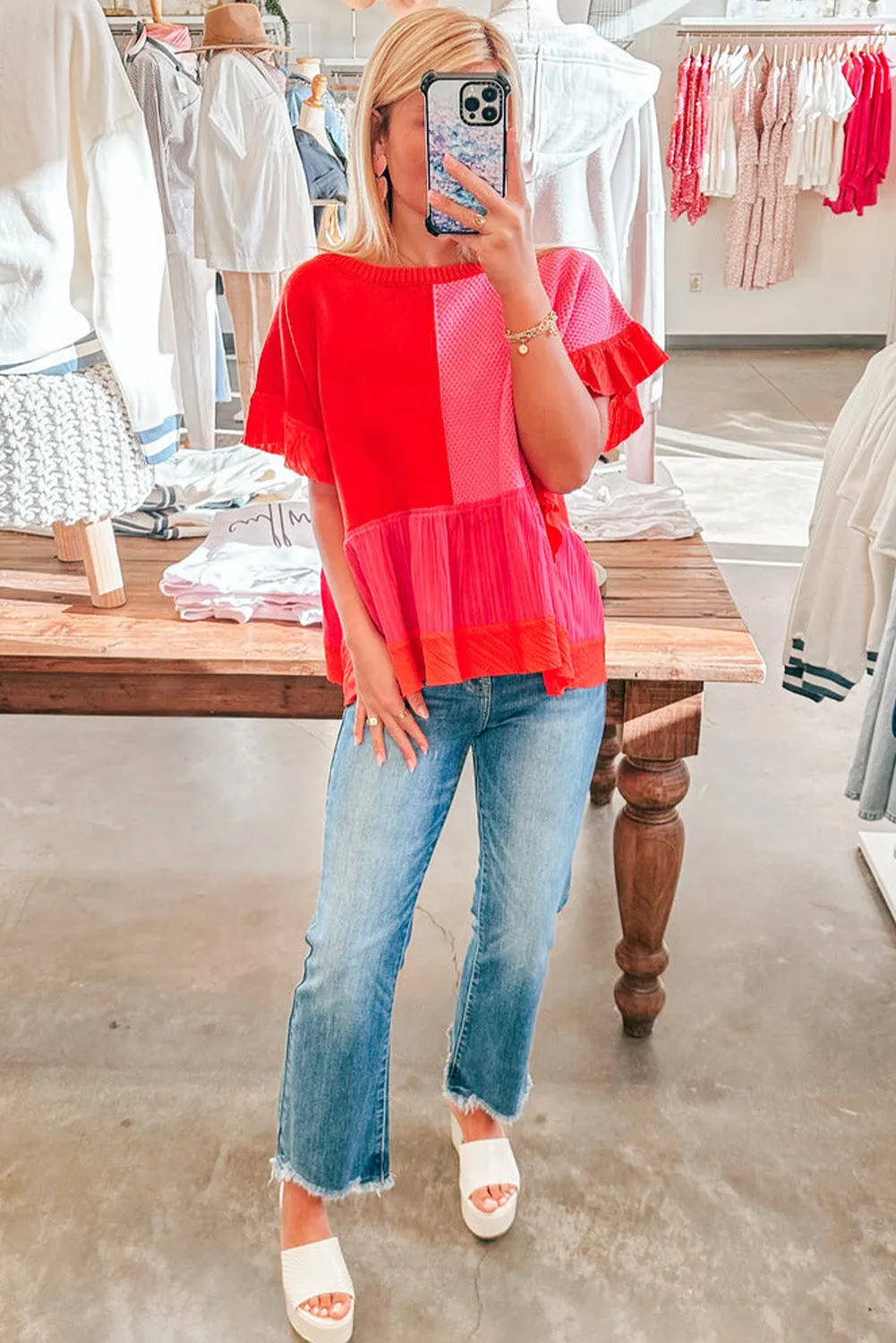 Tomato Red Mix Knitted Patchwork Ruffle Trim Loose Top