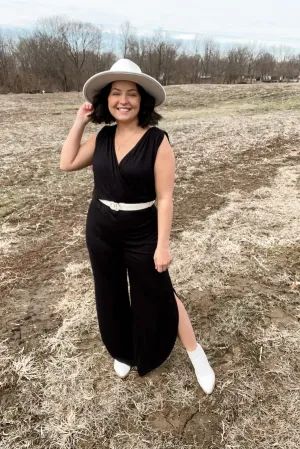 Twilight Zone- Black Jumpsuit w/ Tie Back & Side Slits
