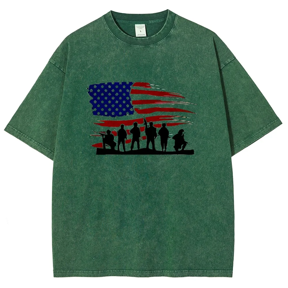 Unisex American Flag And Soldier Graphic Vintage Washed Tee