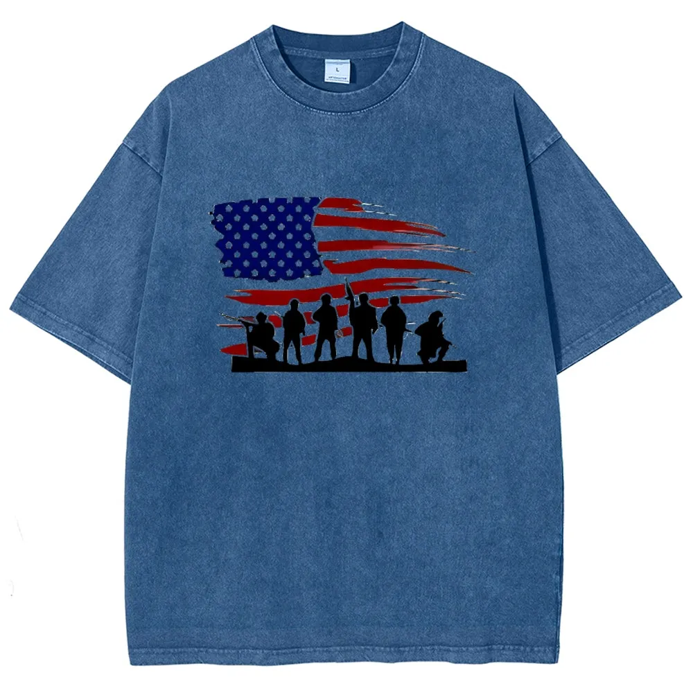 Unisex American Flag And Soldier Graphic Vintage Washed Tee