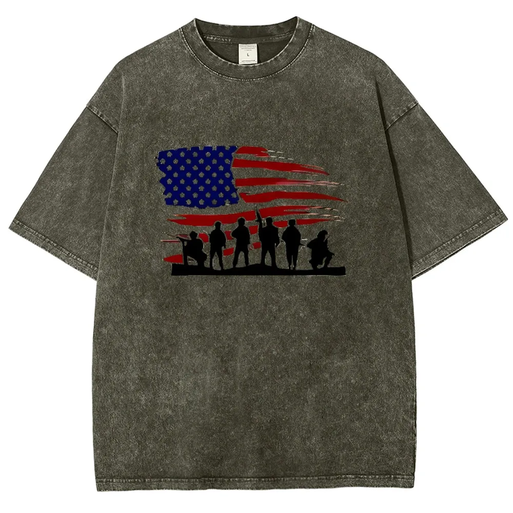 Unisex American Flag And Soldier Graphic Vintage Washed Tee