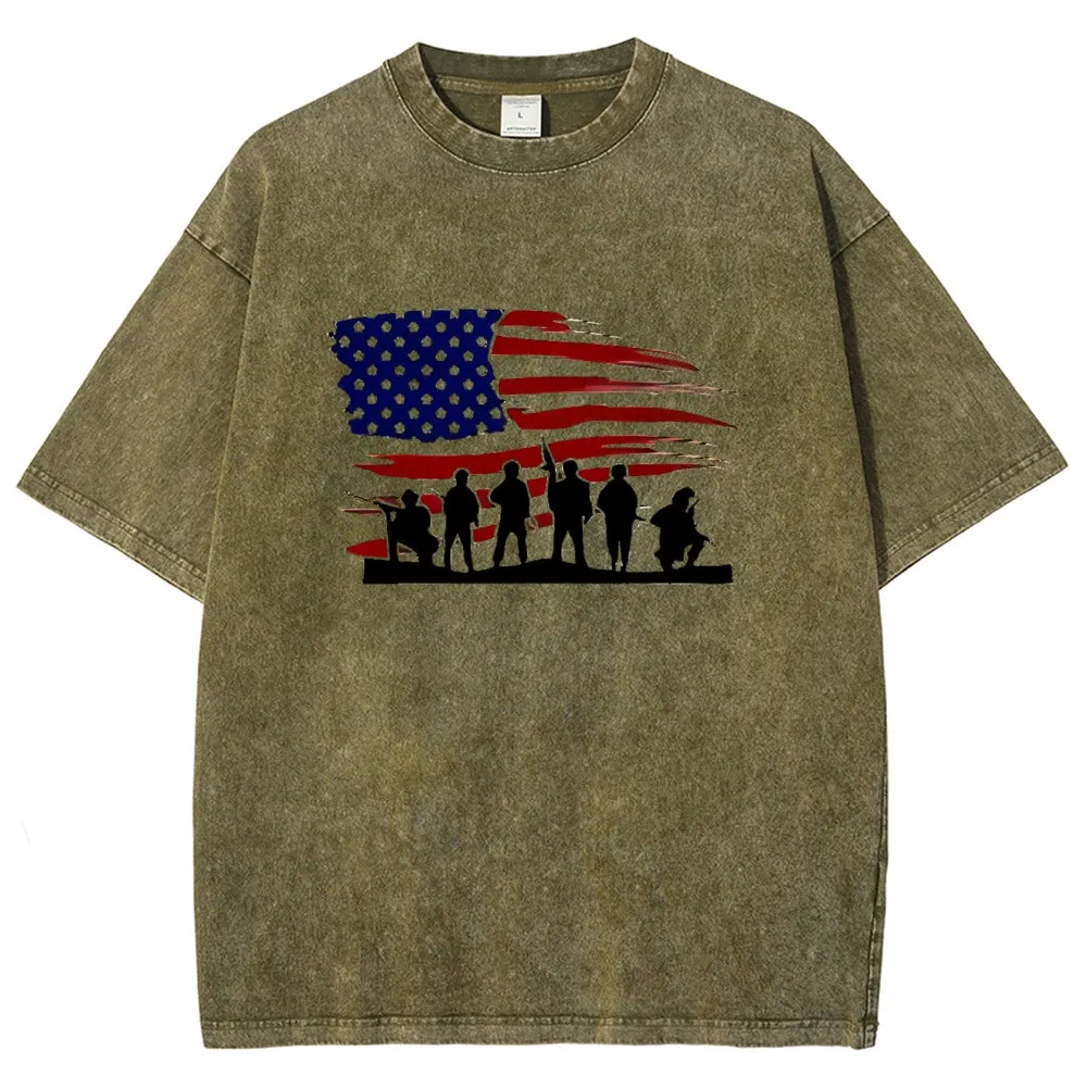 Unisex American Flag And Soldier Graphic Vintage Washed Tee