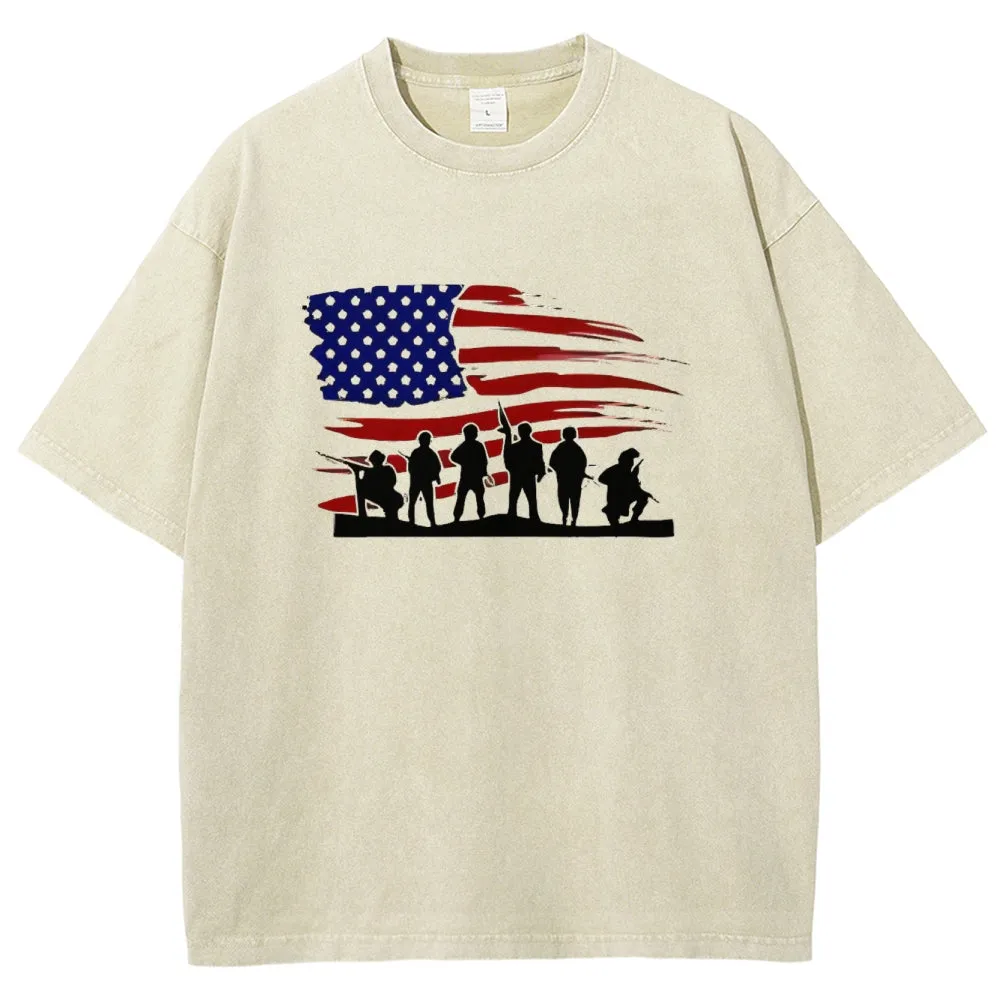 Unisex American Flag And Soldier Graphic Vintage Washed Tee