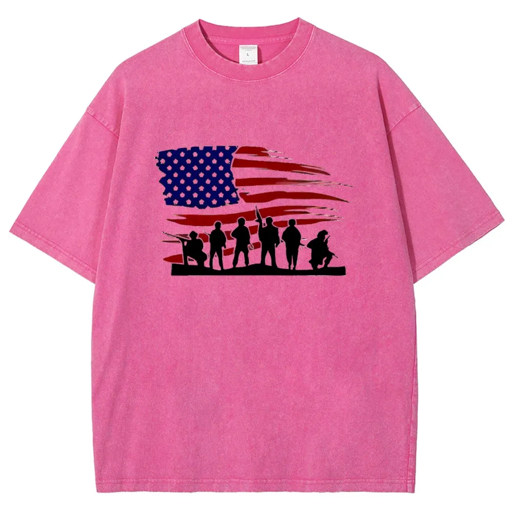 Unisex American Flag And Soldier Graphic Vintage Washed Tee