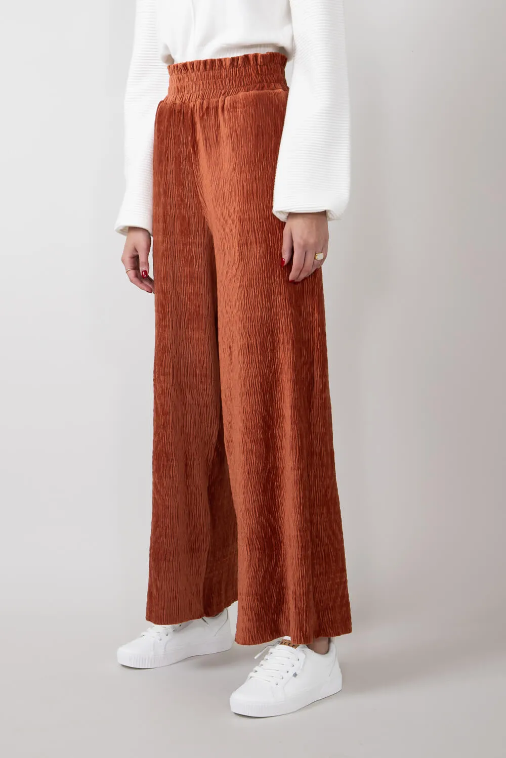 Velvet Smocked Waist Pants for Women in Rust | NP70324-RUST