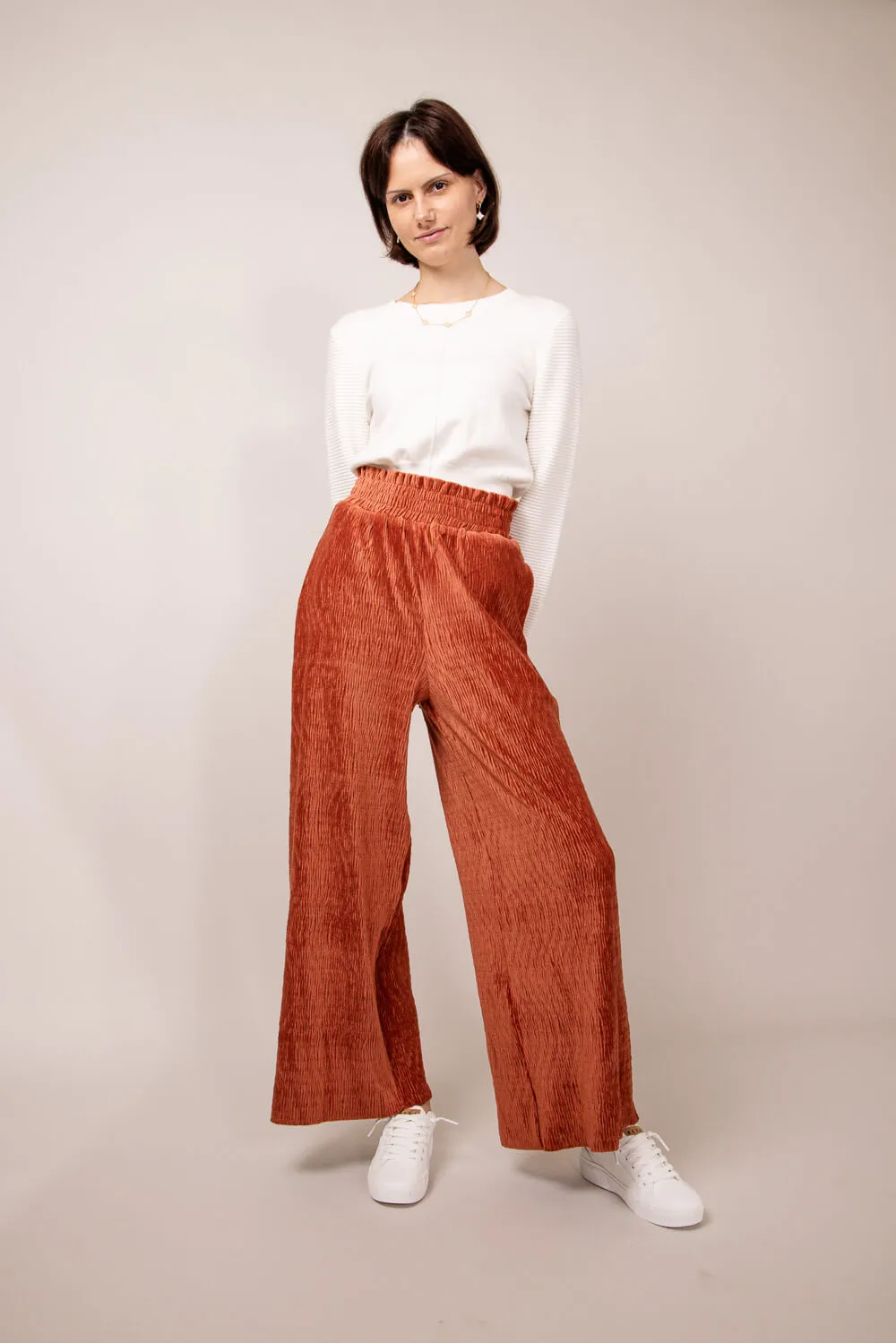 Velvet Smocked Waist Pants for Women in Rust | NP70324-RUST