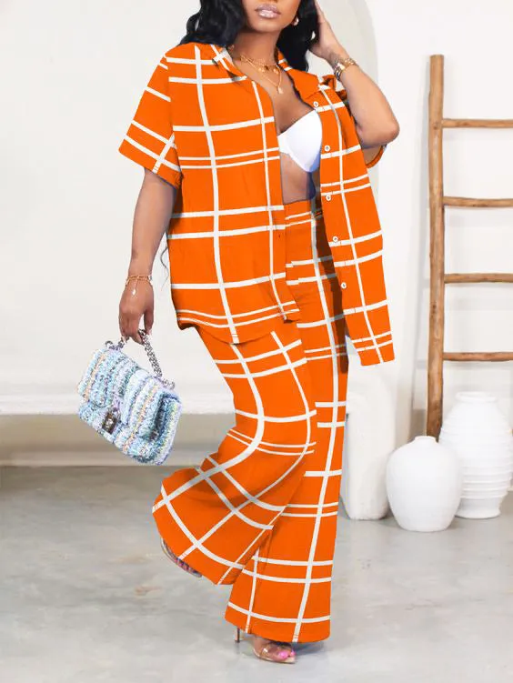 Vibrant Turndown Collar Short Sleeve Shirt and Pants Plus Size Two-Piece Set for Bold, Effortless Style