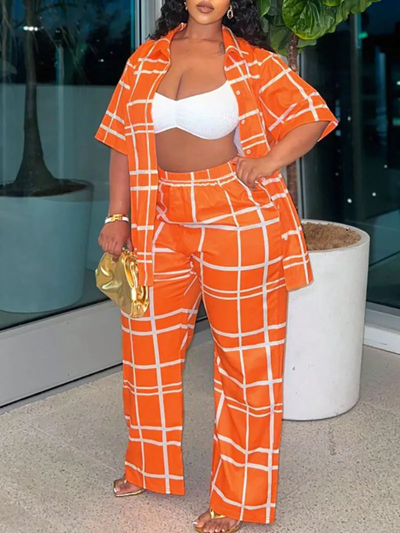 Vibrant Turndown Collar Short Sleeve Shirt and Pants Plus Size Two-Piece Set for Bold, Effortless Style