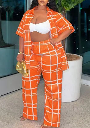 Vibrant Turndown Collar Short Sleeve Shirt and Pants Plus Size Two-Piece Set for Bold, Effortless Style