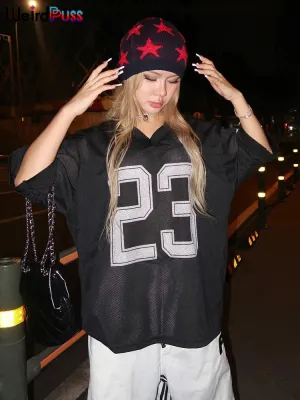 Weird Puss Number Print T-Shirt Woman Summer V-Neck Short Sleeve Loose Casual Comfortable Wild Party Streetwear Fashion Tops