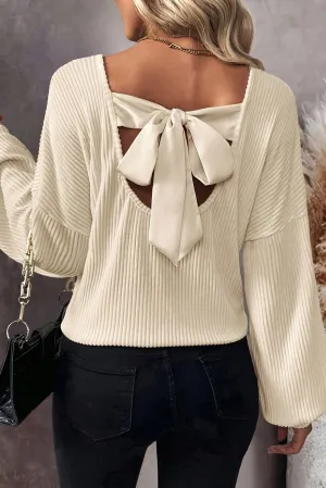 White Knot Back Drop Shoulder Ribbed Long Sleeve Blouse