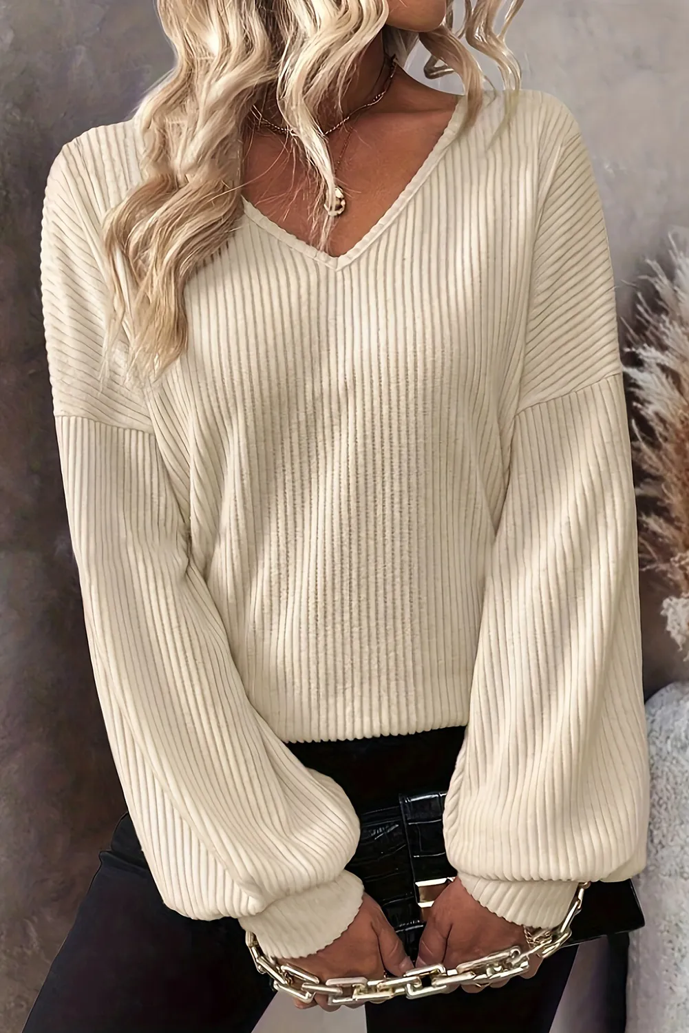 White Knot Back Drop Shoulder Ribbed Long Sleeve Blouse