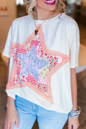 White Vibrant Star Patchwork Loose T-shirt