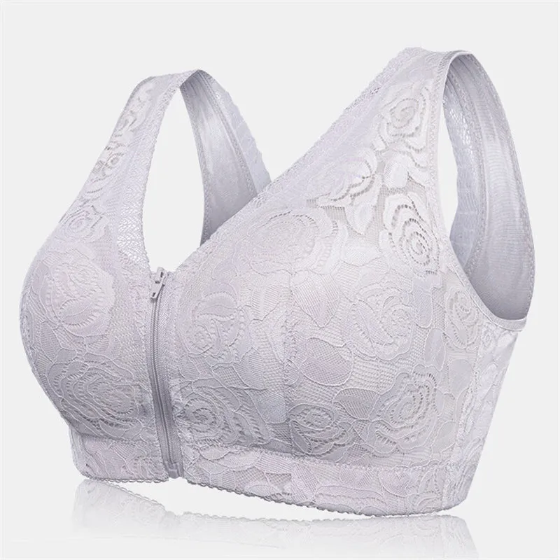 Wireless Rose Lace Front Zip Soft Cotton Lining Sleep Bras - Green