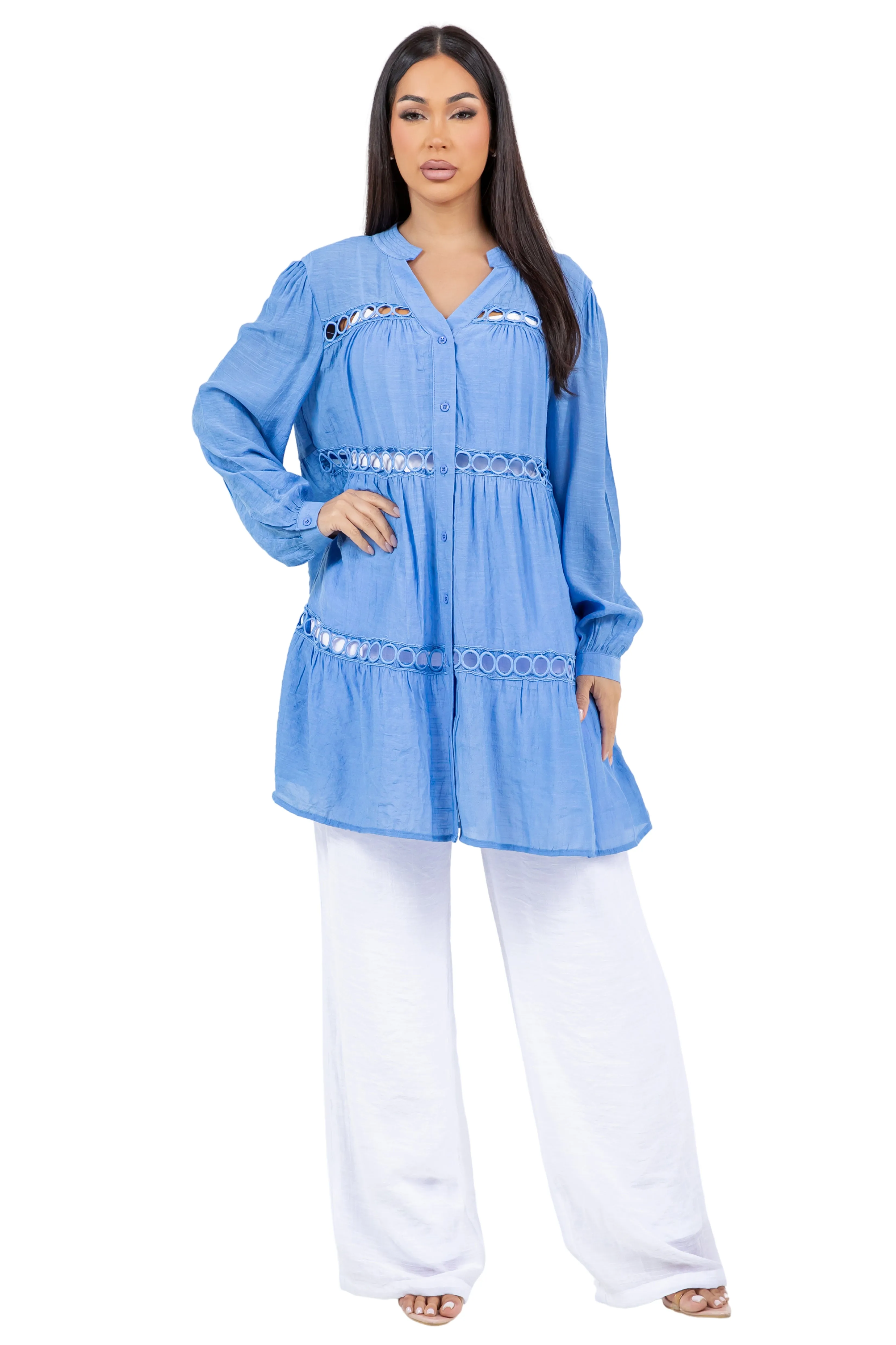 Women's Casual Resort Wear Circle Lace Crochet Detail Tunic Blouse Button Down