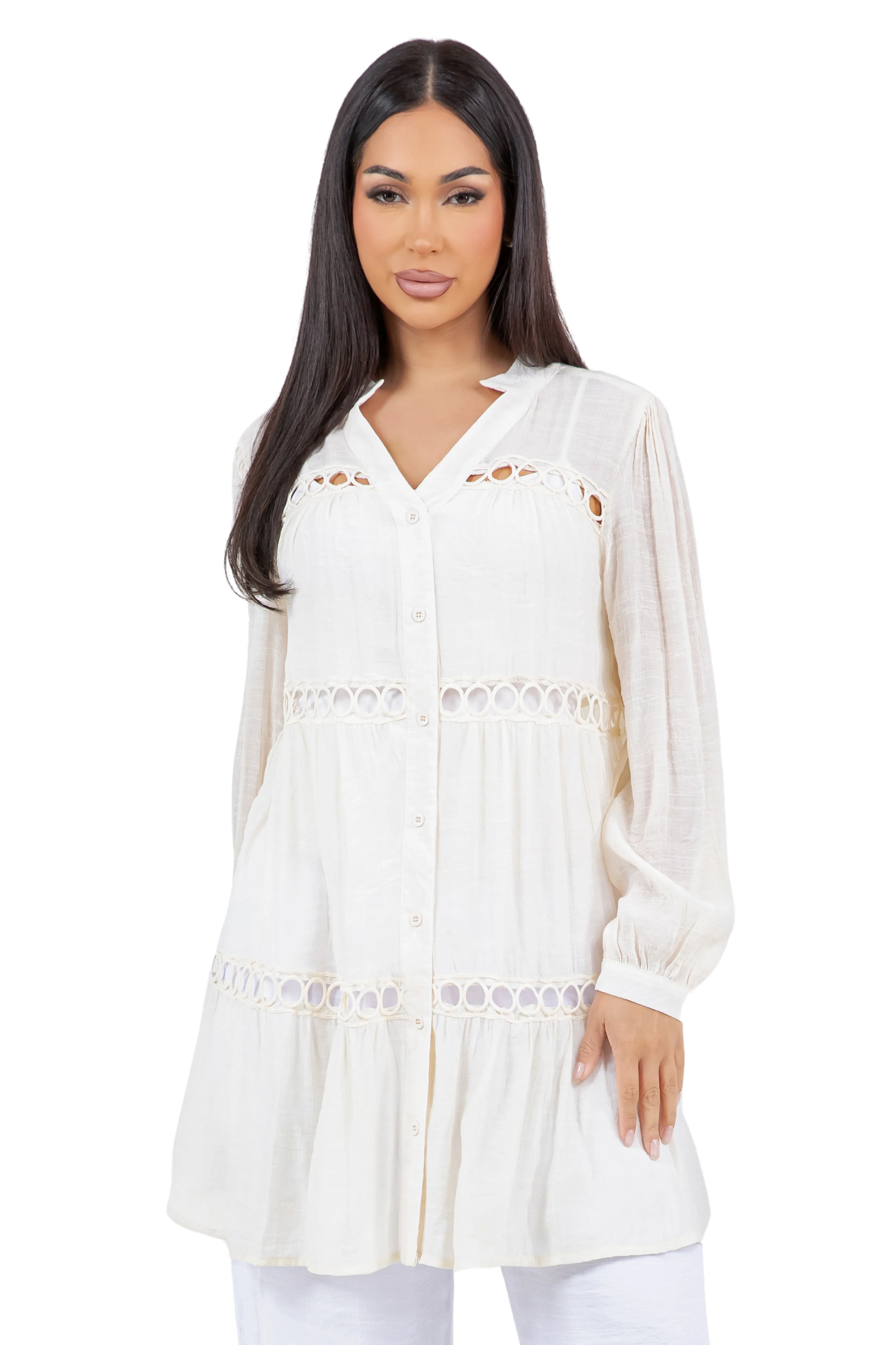 Women's Casual Resort Wear Circle Lace Crochet Detail Tunic Blouse Button Down