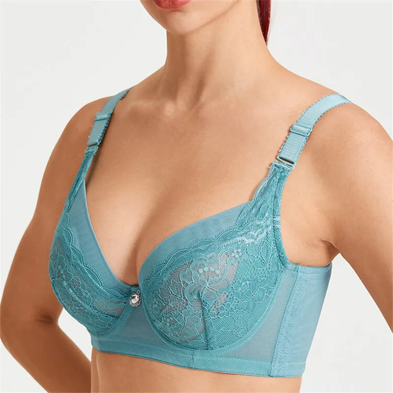 Women's Floral Mesh Jacquard Minimized Thin Bras - Blue