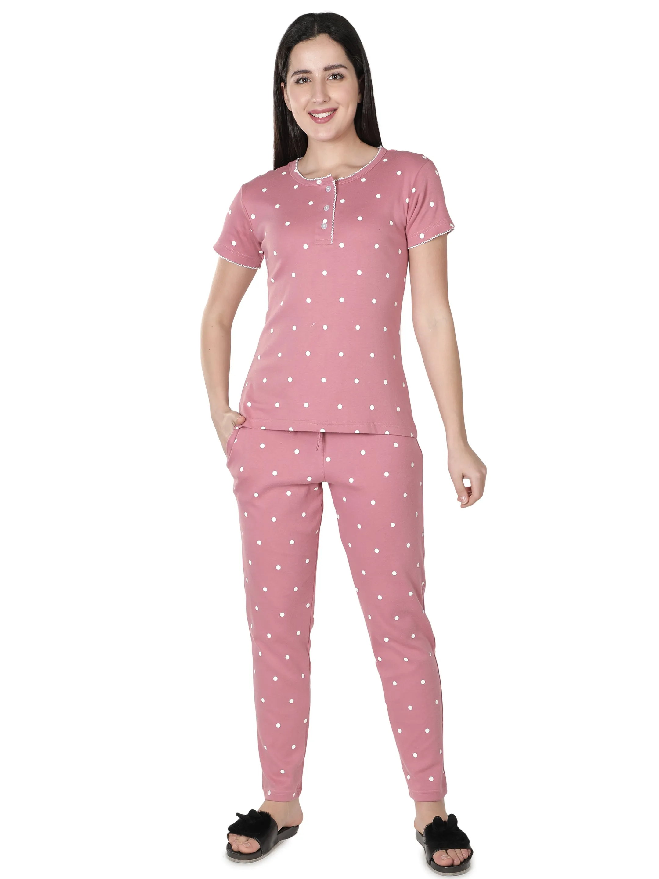 Women's Pink Polka Dot Round Neck Pyjama Set - Playful Comfort in Nightwear