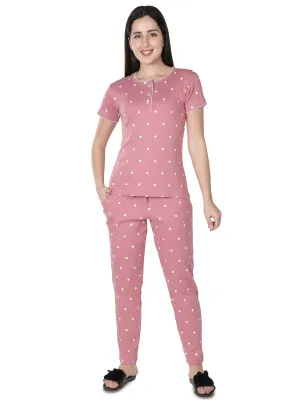 Women's Pink Polka Dot Round Neck Pyjama Set - Playful Comfort in Nightwear
