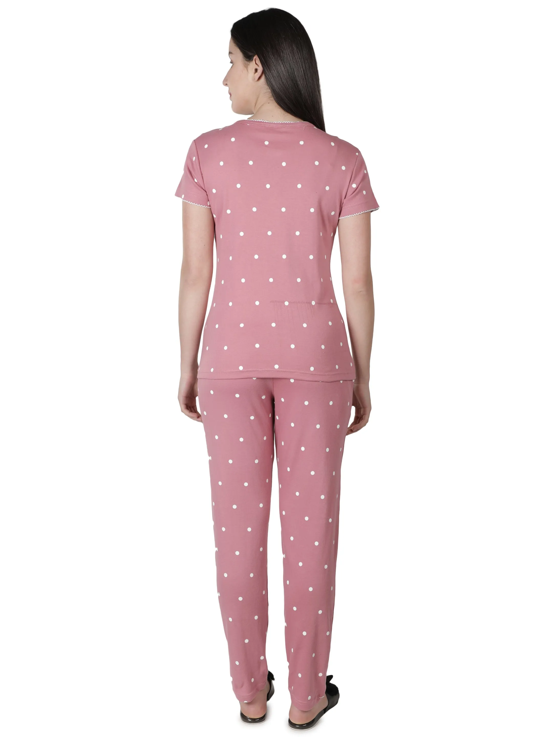 Women's Pink Polka Dot Round Neck Pyjama Set - Playful Comfort in Nightwear