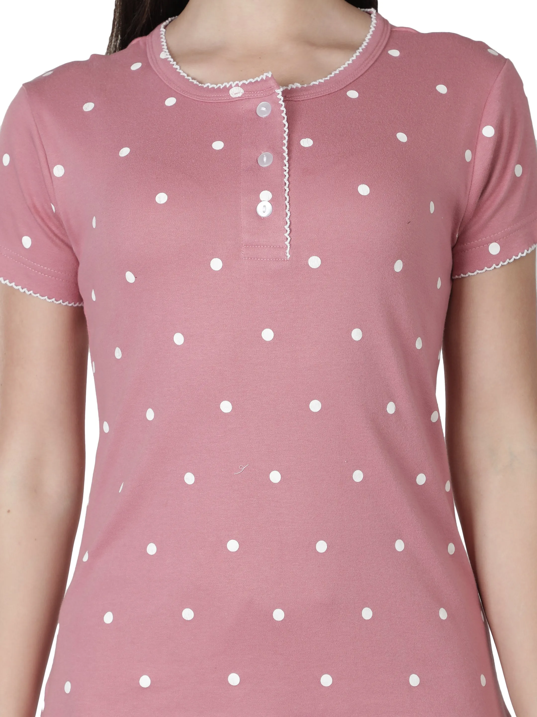 Women's Pink Polka Dot Round Neck Pyjama Set - Playful Comfort in Nightwear