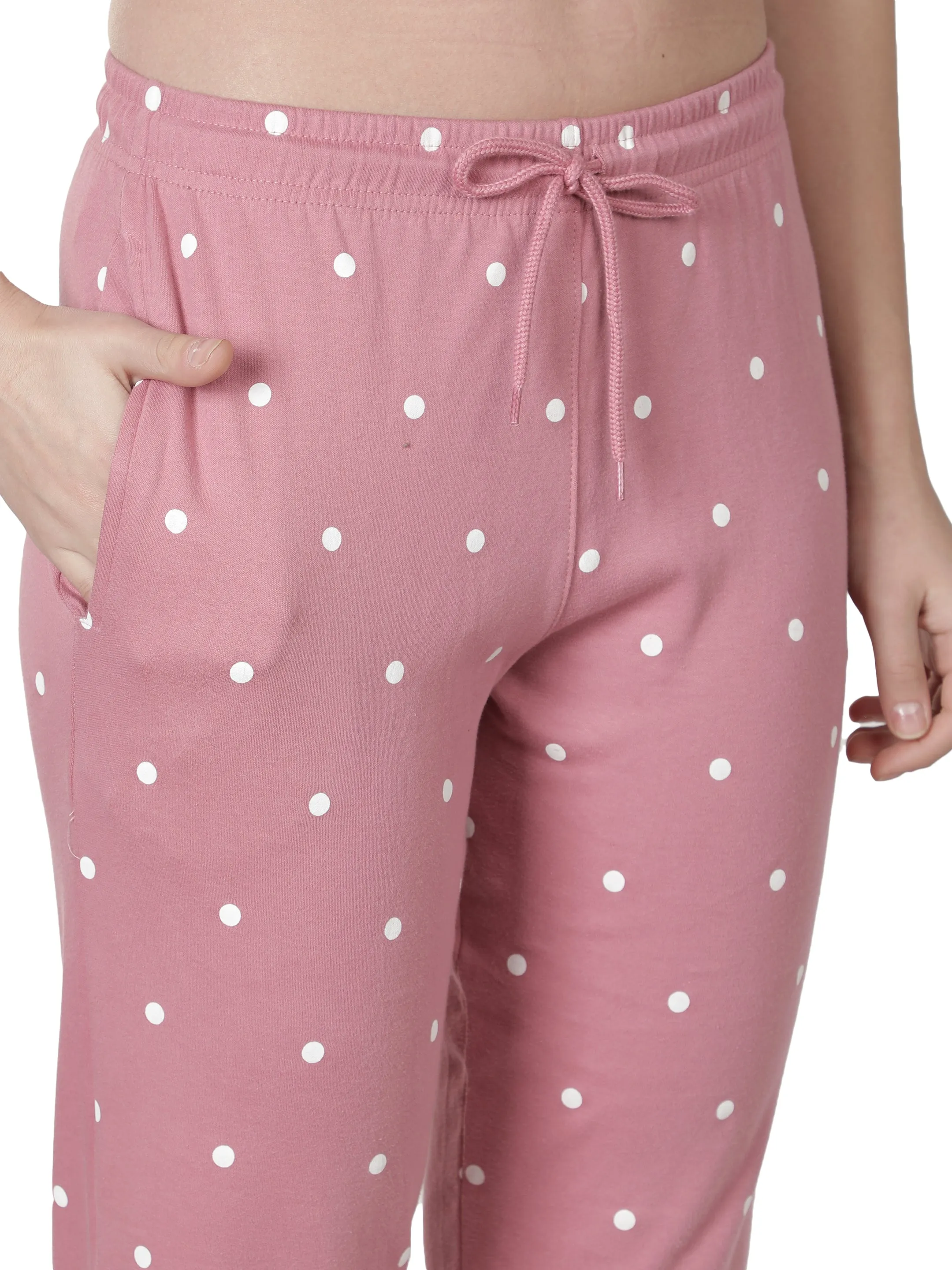 Women's Pink Polka Dot Round Neck Pyjama Set - Playful Comfort in Nightwear