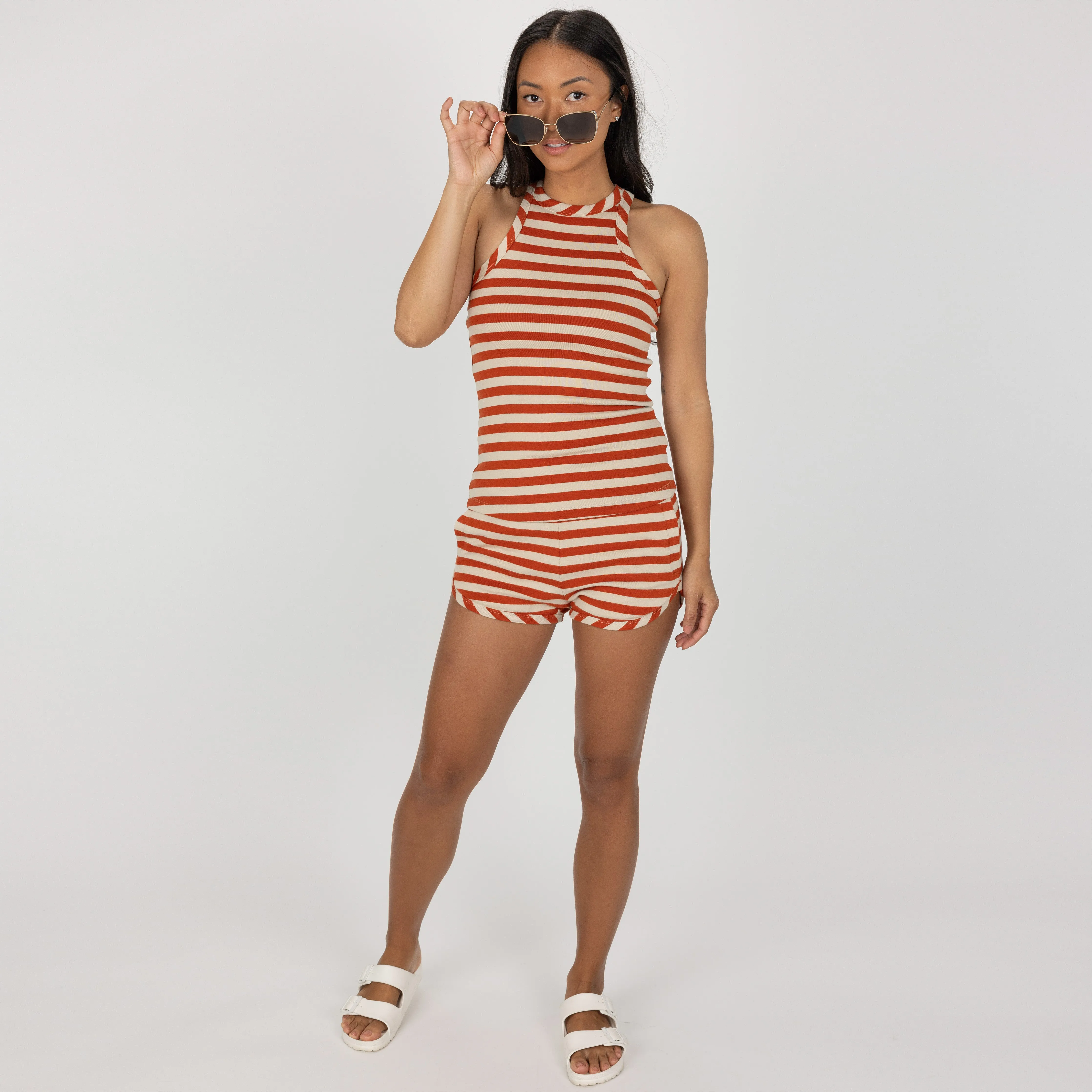 Womens Stripe Dolphin Shorts - Rooibos Tea / Fog