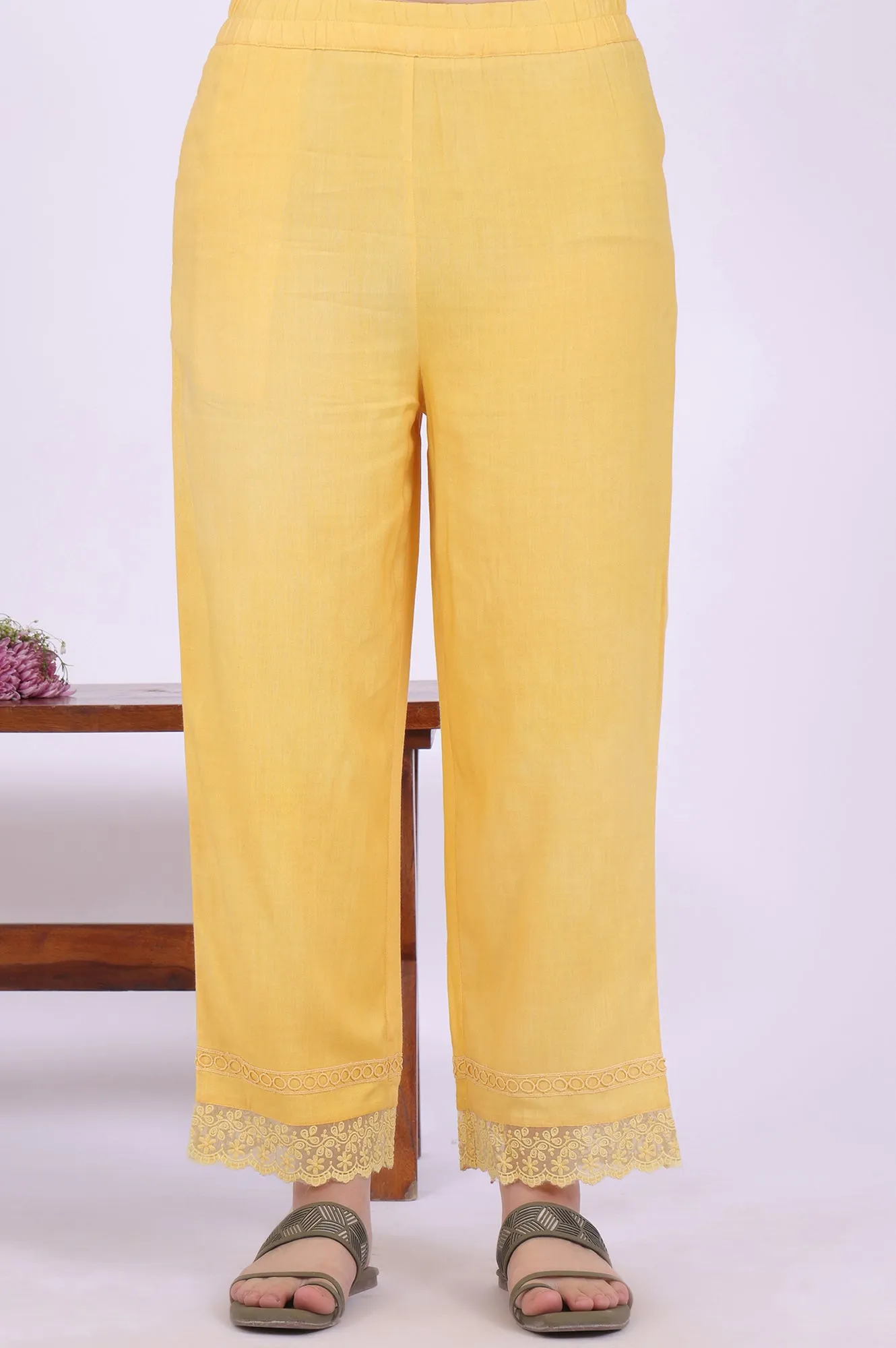 Yellow Printed Straight Kurta with Palazzo & Dupatta Set