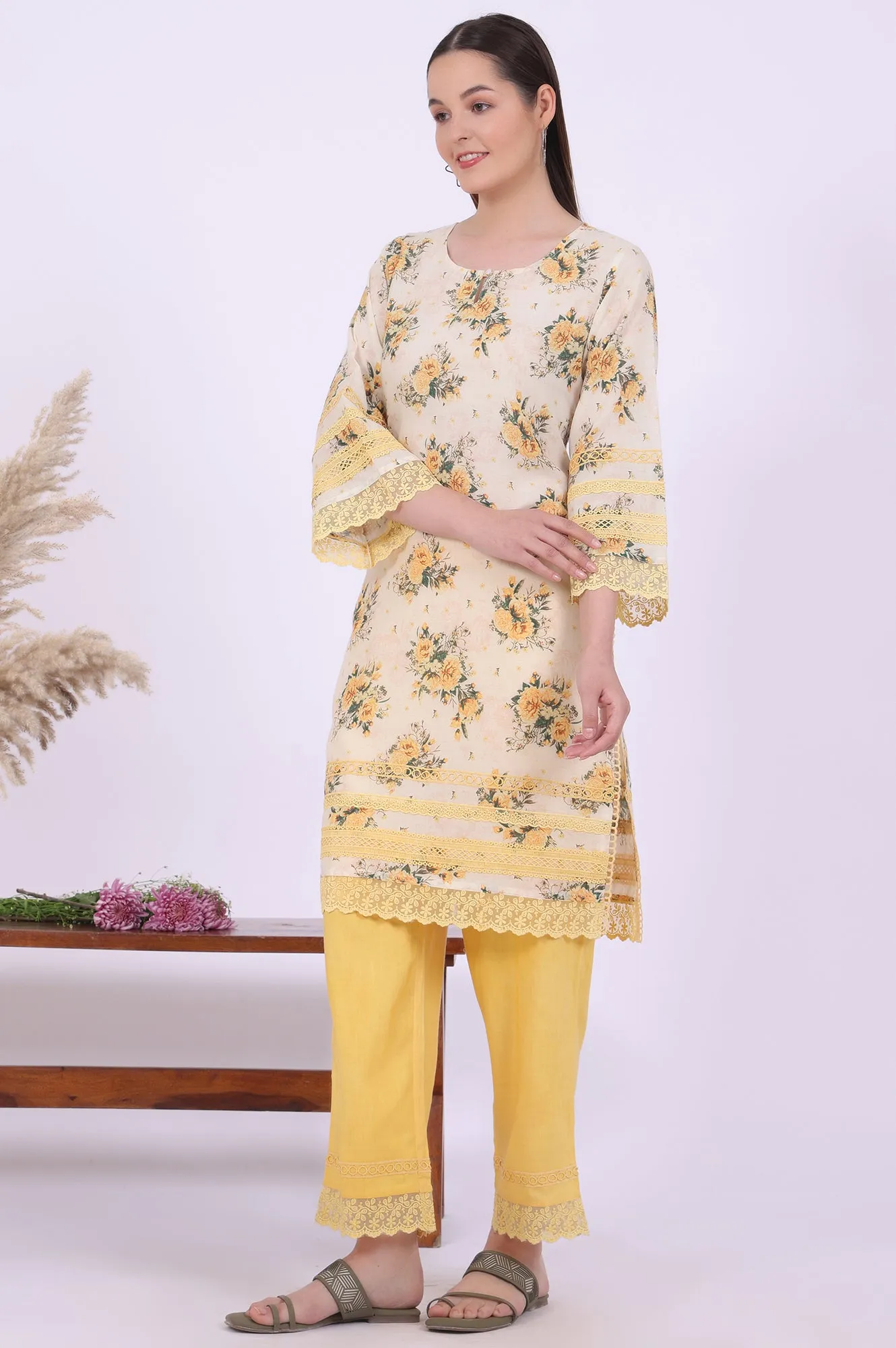 Yellow Printed Straight Kurta with Palazzo & Dupatta Set
