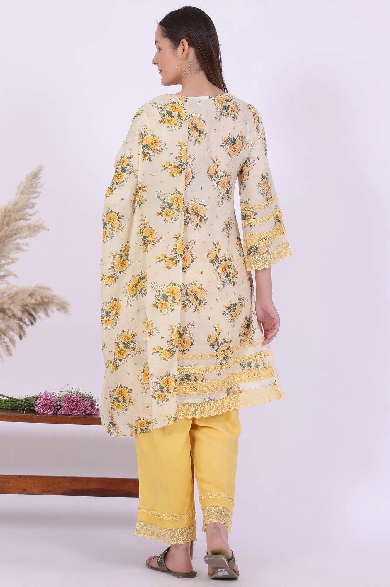 Yellow Printed Straight Kurta with Palazzo & Dupatta Set